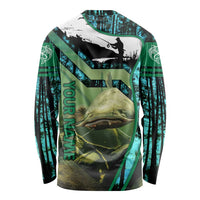 Flathead Catfish Custom Name Long Sleeve Shirt Forest Silhouette and Green Blue Love Fishing Design - Wonder Print Shop