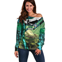 Flathead Catfish Custom Name Off Shoulder Sweater Forest Silhouette and Green Blue Love Fishing Design - Wonder Print Shop