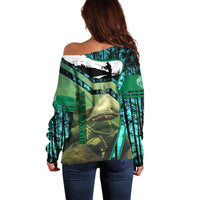 Flathead Catfish Custom Name Off Shoulder Sweater Forest Silhouette and Green Blue Love Fishing Design - Wonder Print Shop