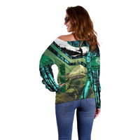 Flathead Catfish Custom Name Off Shoulder Sweater Forest Silhouette and Green Blue Love Fishing Design - Wonder Print Shop