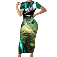 Flathead Catfish Custom Name Short Sleeve Bodycon Dress Forest Silhouette and Green Blue Love Fishing Design - Wonder Print Shop