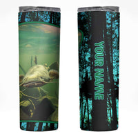 Flathead Catfish Custom Name Skinny Tumbler Forest Silhouette and Green Blue Love Fishing Design - Wonder Print Shop