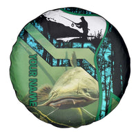 Flathead Catfish Custom Name Spare Tire Cover Forest Silhouette and Green Blue Love Fishing Design - Wonder Print Shop