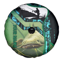 Flathead Catfish Custom Name Spare Tire Cover Forest Silhouette and Green Blue Love Fishing Design - Wonder Print Shop
