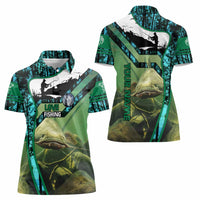 Flathead Catfish Custom Name Women Polo Shirt Forest Silhouette and Green Blue Love Fishing Design - Wonder Print Shop
