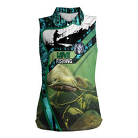 Flathead Catfish Custom Name Women Sleeveless Polo Shirt Forest Silhouette and Green Blue Love Fishing Design - Wonder Print Shop