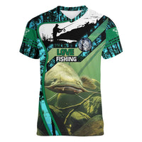 Flathead Catfish Custom Name Women V-Neck T-Shirt Forest Silhouette and Green Blue Love Fishing Design - Wonder Print Shop