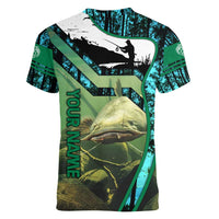 Flathead Catfish Custom Name Women V-Neck T-Shirt Forest Silhouette and Green Blue Love Fishing Design - Wonder Print Shop