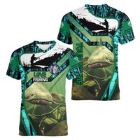 Flathead Catfish Custom Name Women V-Neck T-Shirt Forest Silhouette and Green Blue Love Fishing Design - Wonder Print Shop