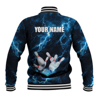 Personalized Bowling Ball Strike Graphic Baseball Jacket Blue Lightning Storm and Electric Energy - Wonder Print Shop