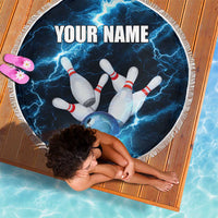 Personalized Bowling Ball Strike Graphic Beach Blanket Blue Lightning Storm and Electric Energy - Wonder Print Shop