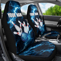 Personalized Bowling Ball Strike Graphic Car Seat Cover Blue Lightning Storm and Electric Energy - Wonder Print Shop