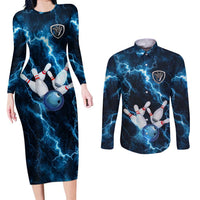 Personalized Bowling Ball Strike Graphic Couples Matching Long Sleeve Bodycon Dress and Long Sleeve Button Shirt Blue Lightning Storm and Electric Energy - Wonder Print Shop
