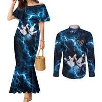 Personalized Bowling Ball Strike Graphic Couples Matching Mermaid Dress and Long Sleeve Button Shirt Blue Lightning Storm and Electric Energy - Wonder Print Shop