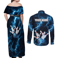 Personalized Bowling Ball Strike Graphic Couples Matching Off Shoulder Maxi Dress and Long Sleeve Button Shirt Blue Lightning Storm and Electric Energy - Wonder Print Shop