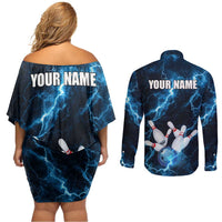 Personalized Bowling Ball Strike Graphic Couples Matching Off Shoulder Short Dress and Long Sleeve Button Shirt Blue Lightning Storm and Electric Energy - Wonder Print Shop