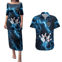 Personalized Bowling Ball Strike Graphic Couples Matching Puletasi and Hawaiian Shirt Blue Lightning Storm and Electric Energy - Wonder Print Shop
