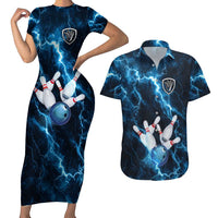 Personalized Bowling Ball Strike Graphic Couples Matching Short Sleeve Bodycon Dress and Hawaiian Shirt Blue Lightning Storm and Electric Energy - Wonder Print Shop