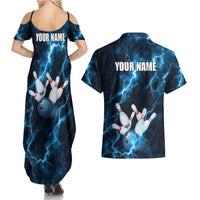 Personalized Bowling Ball Strike Graphic Couples Matching Summer Maxi Dress and Hawaiian Shirt Blue Lightning Storm and Electric Energy - Wonder Print Shop
