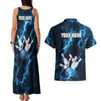 Personalized Bowling Ball Strike Graphic Couples Matching Tank Maxi Dress and Hawaiian Shirt Blue Lightning Storm and Electric Energy - Wonder Print Shop