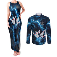 Personalized Bowling Ball Strike Graphic Couples Matching Tank Maxi Dress and Long Sleeve Button Shirt Blue Lightning Storm and Electric Energy - Wonder Print Shop