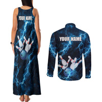 Personalized Bowling Ball Strike Graphic Couples Matching Tank Maxi Dress and Long Sleeve Button Shirt Blue Lightning Storm and Electric Energy - Wonder Print Shop