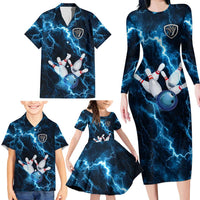 Personalized Bowling Ball Strike Graphic Family Matching Long Sleeve Bodycon Dress and Hawaiian Shirt Blue Lightning Storm and Electric Energy - Wonder Print Shop
