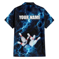 Personalized Bowling Ball Strike Graphic Family Matching Long Sleeve Bodycon Dress and Hawaiian Shirt Blue Lightning Storm and Electric Energy - Wonder Print Shop