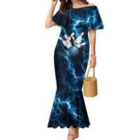 Personalized Bowling Ball Strike Graphic Family Matching Mermaid Dress and Hawaiian Shirt Blue Lightning Storm and Electric Energy - Wonder Print Shop