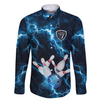 Personalized Bowling Ball Strike Graphic Family Matching Off The Shoulder Long Sleeve Dress and Hawaiian Shirt Blue Lightning Storm and Electric Energy - Wonder Print Shop