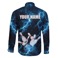 Personalized Bowling Ball Strike Graphic Family Matching Off The Shoulder Long Sleeve Dress and Hawaiian Shirt Blue Lightning Storm and Electric Energy - Wonder Print Shop