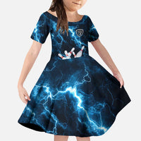 Personalized Bowling Ball Strike Graphic Family Matching Off Shoulder Maxi Dress and Hawaiian Shirt Blue Lightning Storm and Electric Energy - Wonder Print Shop
