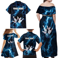 Personalized Bowling Ball Strike Graphic Family Matching Off Shoulder Maxi Dress and Hawaiian Shirt Blue Lightning Storm and Electric Energy - Wonder Print Shop