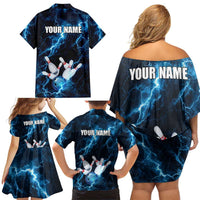 Personalized Bowling Ball Strike Graphic Family Matching Off Shoulder Short Dress and Hawaiian Shirt Blue Lightning Storm and Electric Energy - Wonder Print Shop