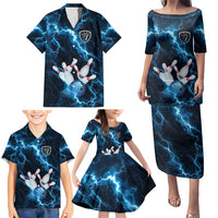 Personalized Bowling Ball Strike Graphic Family Matching Puletasi and Hawaiian Shirt Blue Lightning Storm and Electric Energy - Wonder Print Shop