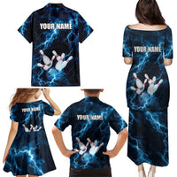 Personalized Bowling Ball Strike Graphic Family Matching Puletasi and Hawaiian Shirt Blue Lightning Storm and Electric Energy - Wonder Print Shop