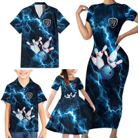 Personalized Bowling Ball Strike Graphic Family Matching Short Sleeve Bodycon Dress and Hawaiian Shirt Blue Lightning Storm and Electric Energy - Wonder Print Shop