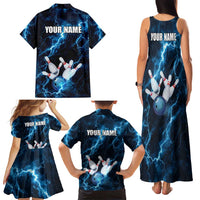 Personalized Bowling Ball Strike Graphic Family Matching Tank Maxi Dress and Hawaiian Shirt Blue Lightning Storm and Electric Energy - Wonder Print Shop