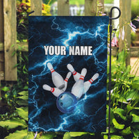 Personalized Bowling Ball Strike Graphic Garden Flag Blue Lightning Storm and Electric Energy - Wonder Print Shop