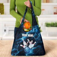 Personalized Bowling Ball Strike Graphic Grocery Bag Blue Lightning Storm and Electric Energy - Wonder Print Shop