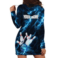 Personalized Bowling Ball Strike Graphic Hoodie Dress Blue Lightning Storm and Electric Energy - Wonder Print Shop