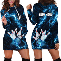 Personalized Bowling Ball Strike Graphic Hoodie Dress Blue Lightning Storm and Electric Energy - Wonder Print Shop