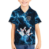 Personalized Bowling Ball Strike Graphic Kid Hawaiian Shirt Blue Lightning Storm and Electric Energy - Wonder Print Shop