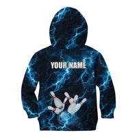 Personalized Bowling Ball Strike Graphic Kid Hoodie Blue Lightning Storm and Electric Energy - Wonder Print Shop