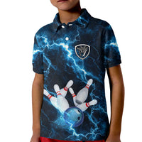 Personalized Bowling Ball Strike Graphic Kid Polo Shirt Blue Lightning Storm and Electric Energy - Wonder Print Shop