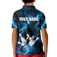 Personalized Bowling Ball Strike Graphic Kid Polo Shirt Blue Lightning Storm and Electric Energy - Wonder Print Shop
