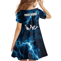 Personalized Bowling Ball Strike Graphic Kid Short Sleeve Dress Blue Lightning Storm and Electric Energy - Wonder Print Shop