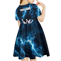 Personalized Bowling Ball Strike Graphic Kid Short Sleeve Dress Blue Lightning Storm and Electric Energy - Wonder Print Shop