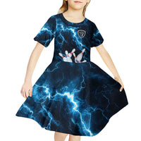 Personalized Bowling Ball Strike Graphic Kid Short Sleeve Dress Blue Lightning Storm and Electric Energy - Wonder Print Shop