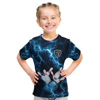 Personalized Bowling Ball Strike Graphic Kid T Shirt Blue Lightning Storm and Electric Energy - Wonder Print Shop